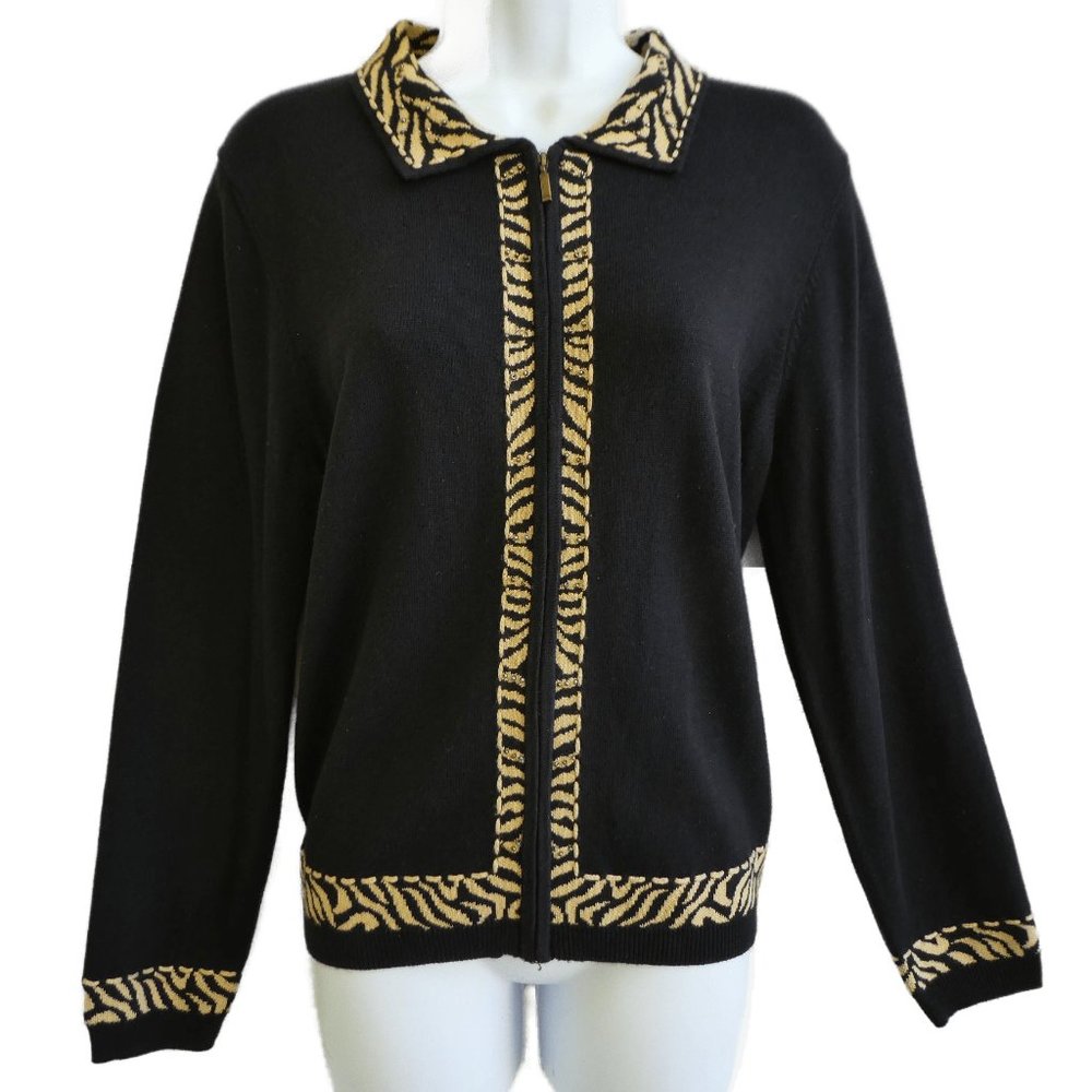 Vintage Black Cardigan Blouse Top Full Zip Animal Zebra Border Collared Beads PL